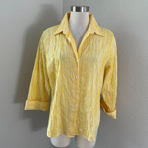 Foxcroft Womens 16 Fitted Yellow Gingham Crinkled Button Up Shirt 3/4 Sleeve‎